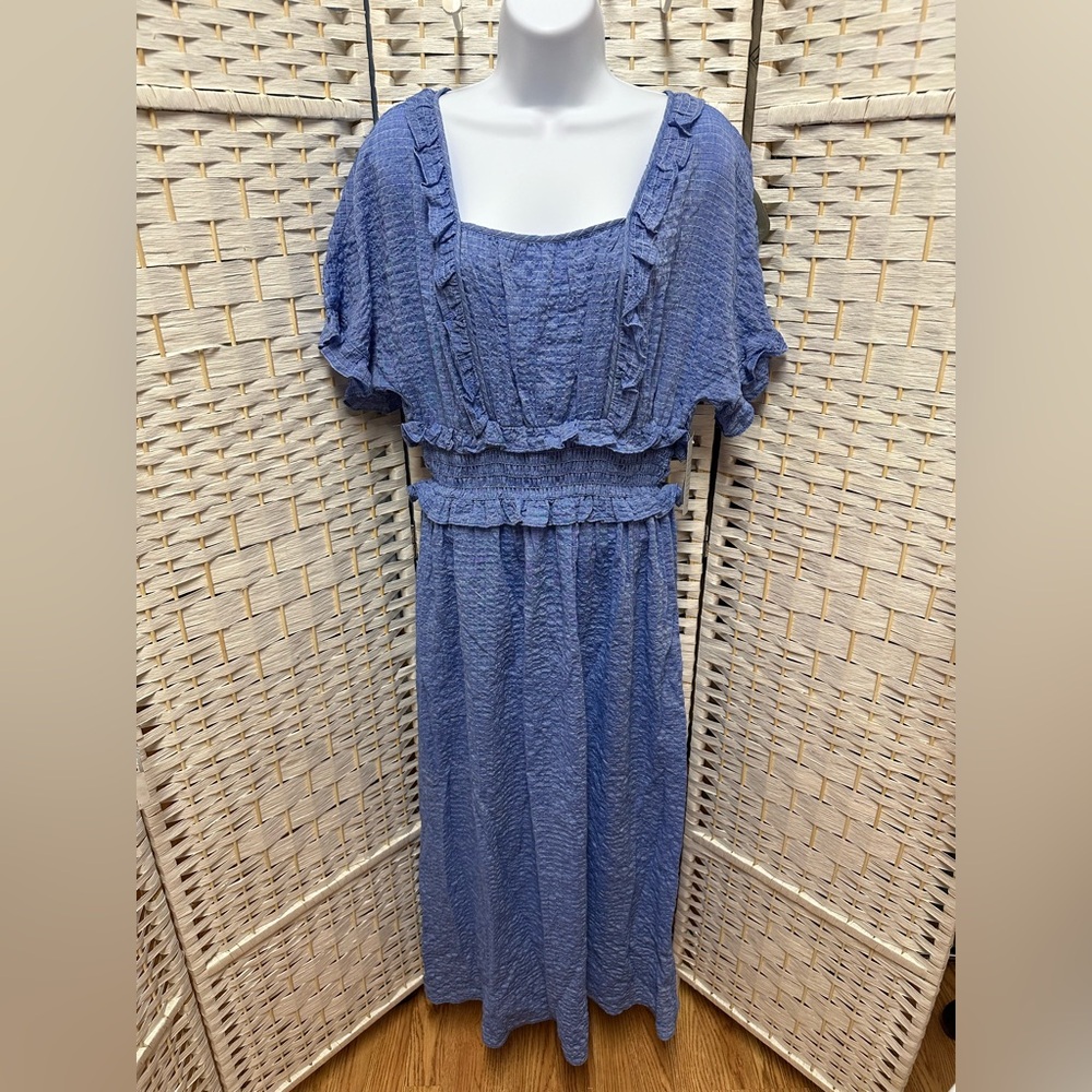 Max Studio Crepe Flutter Sleeve V-Neck Smocked Maxi Tiered Dress blue‎  Xl NWT